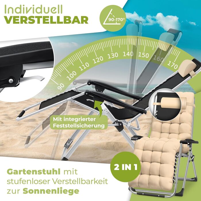 Розкішна лежанка KESSER® для саду: широка, складана, витримує 200 кг, з регульованою спинкою та подушкою для шиї