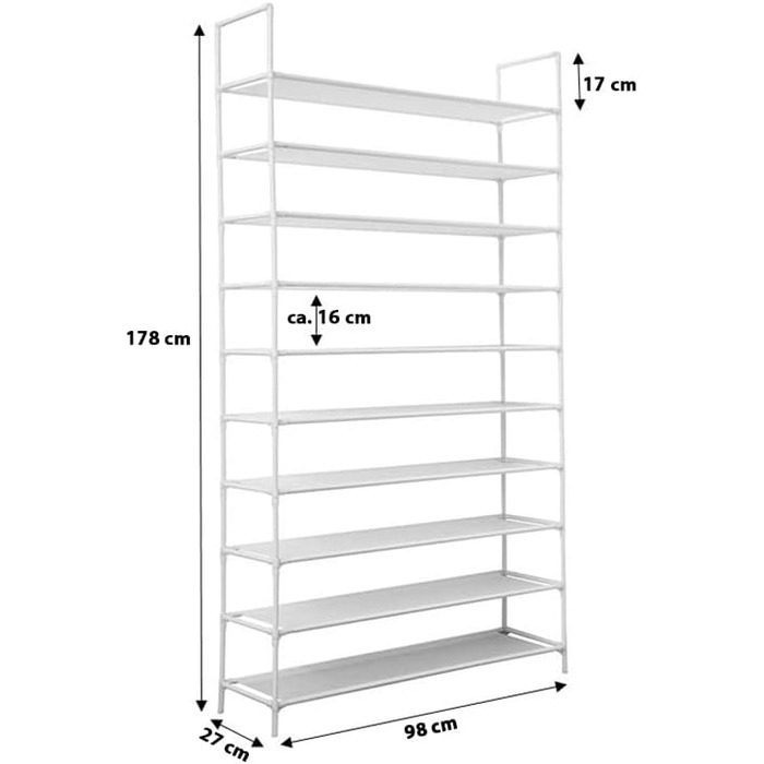 Підставка для взуття XXL - 50 пар взуття - 10 рівнів - 178x100x29,5 см - Регульована по висоті, водонепроникна