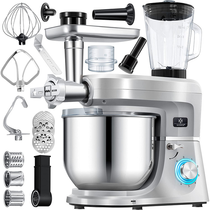 Кухонна машина KESSER 3 в 1 KM 3000 з м'ясорубкою, міксером та соковитискачем, 5.5л чаша, набір аксесуарів для пасти та випічки (срібна)
