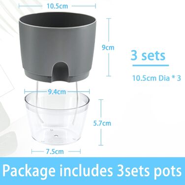 Набір горщиків для квітів з пластику, 6 шт. з автополивом, 22.3/15.3/10.5/8.2 см, для кімнатних рослин, квітів та трав (10.5 см / 3 шт, сірий)