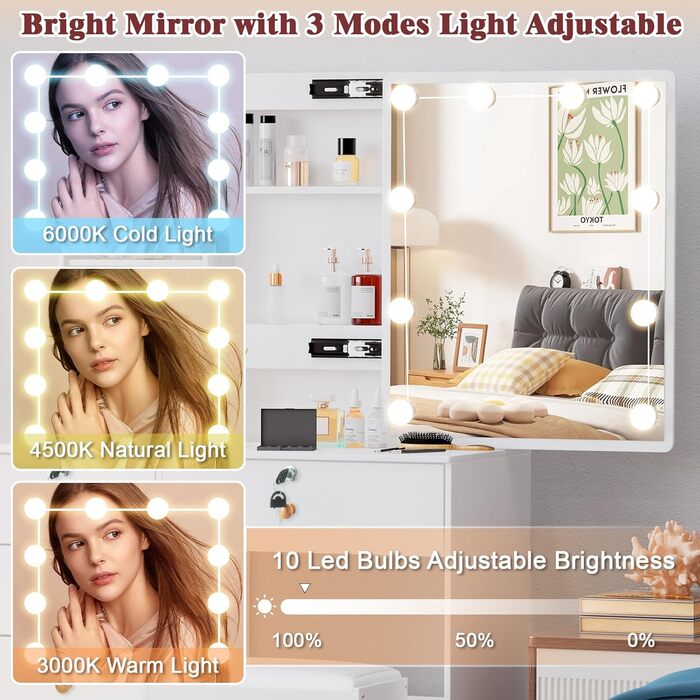 Туалетний столик зі світлом та дзеркалом, з пуфом, 6 шухляд та 6 полиць, 80x36x130 см (PW5)