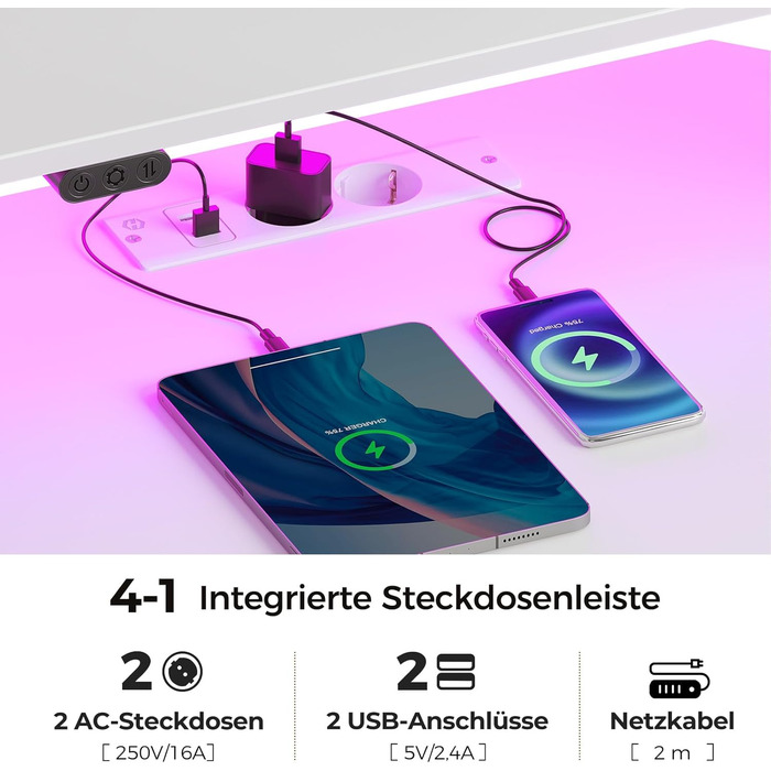 Комп'ютерний стіл Rolanstar L-подібний з RGB підсвічуванням та розетками, геймінговий стіл з полицею та гачками, для офісу, робочого кабінету, спальні (білий, 137 см), 137 x 137 x 87 см