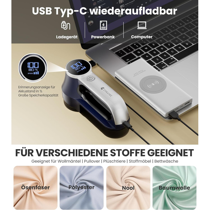 Електричний видалення ворсу CuieTuee з LED-підсвічуванням, USB-зарядка, 3 швидкості, 2000mAh, для одягу, білий (темно-синій)