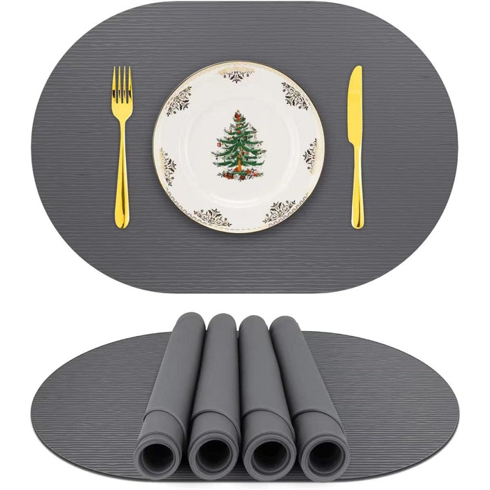 Силиконові серветки на стіл, овальні серветки для обіднього столу, комплект 4 шт., неслизькі, водонепроникні, термостійкі, килимки для тераси (темно-сірий, овальні)