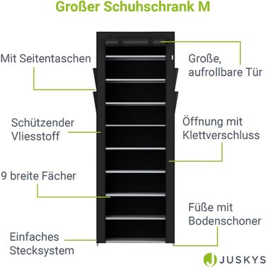 Тумба для взуття Juskys L 9 рівнів, 45 пар взуття, тканинне покриття, водовідштовхувальне покриття, вставна система (середня, чорна)