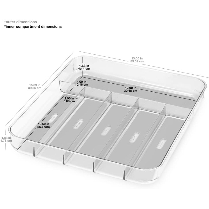 Лоток для столових приборів Madesmart, великий, світло-сірий, прозорий, м'яка ручка, 6 відділень, внутрішня підкладка, нековзні ніжки, без вмісту БФА
