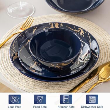 LOVECASA Tafelservice Daphne: 24-частинний набір посуду з золотим декором (Marineblau)