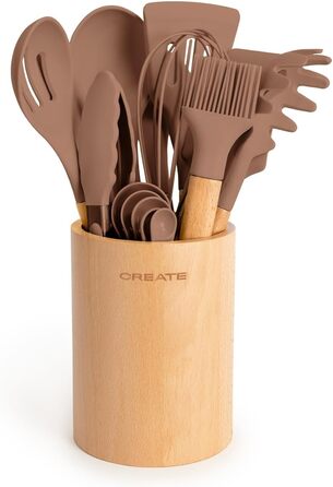 Набір кухонних аксесуарів 11 предметів, кремово-білий, силікон та бука, BPA-free, стійкий до 230°C