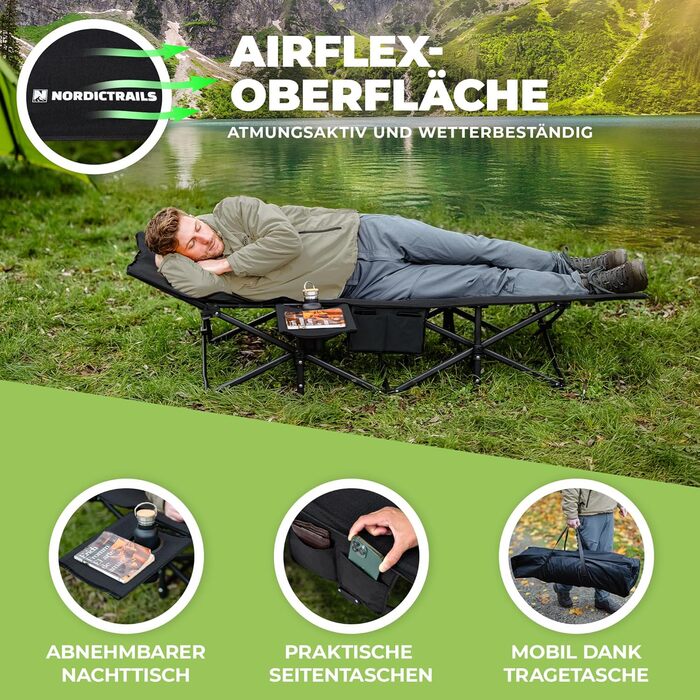 Розкладне кемпінгове ліжко NORDICTRAILS XXL з м'яким матрацом, чорне (190 x 70 см) — зручне ліжко для відпочинку на природі, риболовлі та гостей