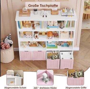 Дитяча полиця FOREHILL з коробками на колесах, 4 яруси, меблі для дитячої кімнати, іграшковий та книжковий стеллаж, рожевий, 125.5x33x118 см