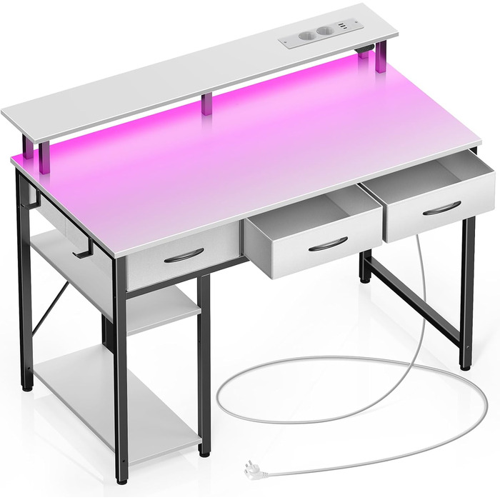 Комп'ютерний стіл Rolanstar з ящиками, розетками та LED підсвіткою, геймінговий стіл з підставкою для монітора, полиця та 2 гачки, для офісу та вітальні (білий, 100x47x90,5 см)