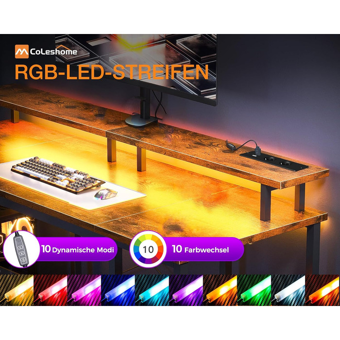 Ігровий стіл Coleshome з LED-підсвічуванням, 120x50 см, коричневий. Стіл для комп'ютера з 2 розетками, 2 USB-портами, підставкою для монітора та місцем для зберігання. Підходить для дому та офісу.
