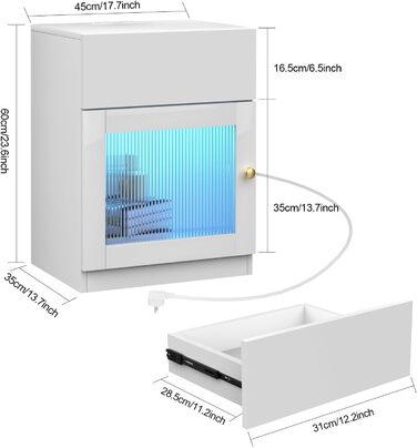 Тумбочка PIPIPOXER біла з розеткою та USB, LED 16 кольорів, глянець, 1 шухляда, 45x35x60см