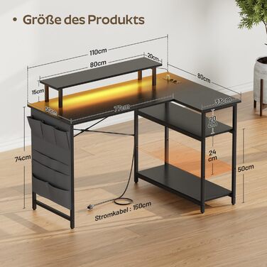 Кутовий стіл HLONONE з LED-підсвіткою та розетками, 110 x 80 см, з полицею, для комп'ютера, геймінгу, офісу, дому, білого (чорного) кольору