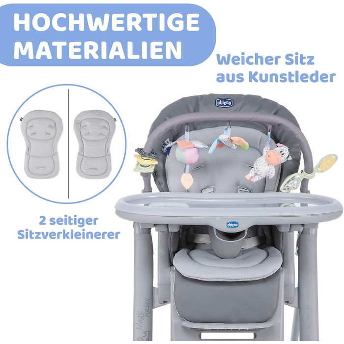 Високий стільчик Chicco Polly Magic Relax з іграшковим столом та зменшувачем для новонароджених, 8 положень по висоті, 4 колеса, Made in Italy, графітовий колір