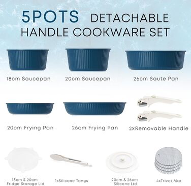 Набір каструль та сковорідок RIOVARM з індукційним дном та знімними ручками, з антипригарним покриттям (граніт), компактний, з силіконовими кришками, без PFOA