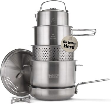 Набір посуду для кемпінгу Campo Libre Enzo I з нержавіючої сталі: компактний, індукційний, 6 або 8-ти частинний