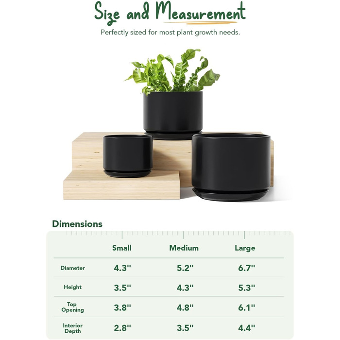 Набір горщиків для квітів LE TAUCI 3шт, кераміка, 11/13/17 см, з підставками та дренажними отворами, реактивна глазур, бежевий (чорний)