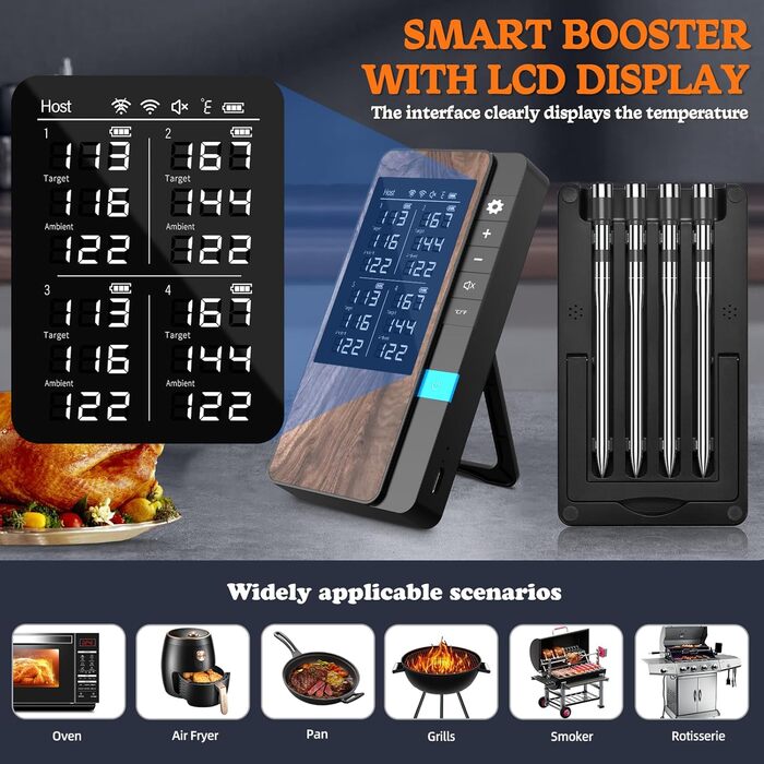 Бездротовий набір термометрів для м'яса (4 шт.) з Bluetooth, водонепроникні (IP67), для приготування на грилі, в духовці, мангалі, ротатерії, фритюрниці