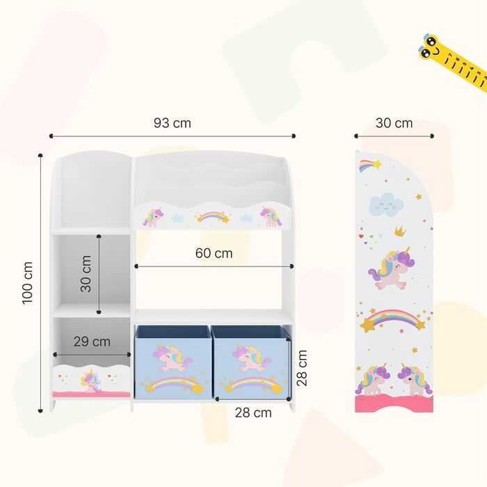 Дитяча полиця для іграшок Lysekil від en.casa з 2 ящиками для зберігання, 100 x 93 x 30 см, мотив єдинорога