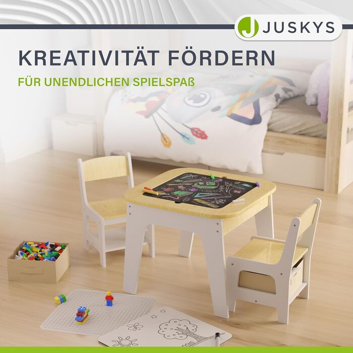 Дитячий стіл та комплект з 2 стільців Juskys Milou - дерев'яний ігровий стіл з місцем для зберігання, дитяча меблі для малювання та ігор (натуральне дерево)