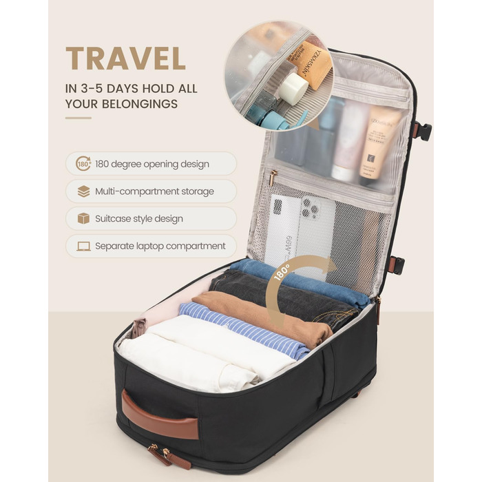 Рюкзак LOVEVOOK для ручної поклажі в літак, жіночий, водонепроникний, універсальний, для ноутбука 17 дюймів, шкільний, для студентів, подорожей, чорний/коричневий, 45x32x15 см