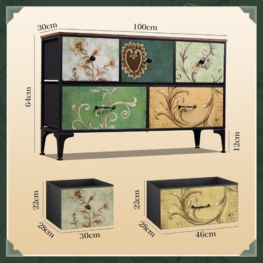 Комод WLIVE з 5 висувними ящиками з тканини, шафа для спальні, комод у вітальню, зі сталевим каркасом, богемний стиль, 29.8T x 100B x 63.7H см (5 ящиків), зелений