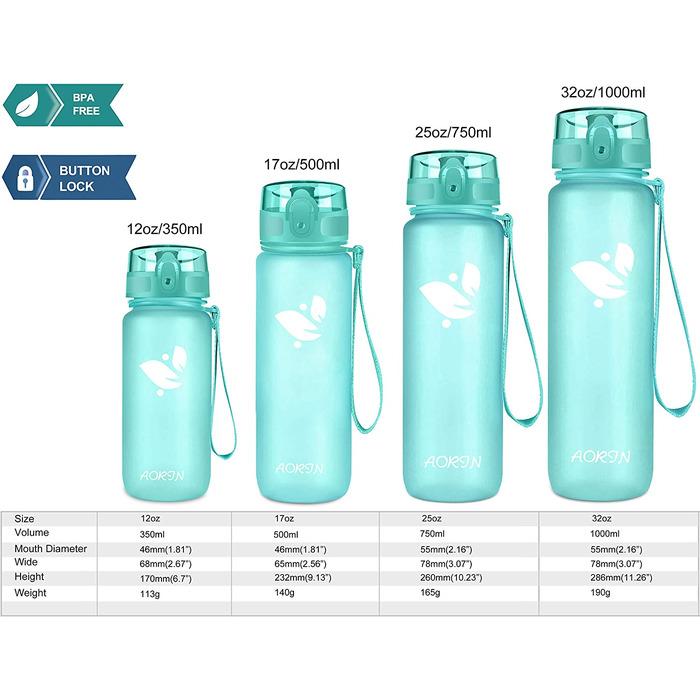 Пляшка для пиття AORIN - 350 мл / 500 мл / 750 мл / 1 лпляшка для води без бісфенолу А і трітану герметична спортивна пляшкадоросліпляшка для пиття для дітейфітнес,біг,йога, велосипед, відкритий (1000 мл, м'ятний)