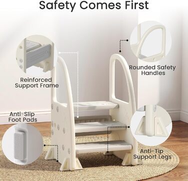 Дитячий табурет Hoopyosms Tritthocker з ручкою, сірий. Безпечний, з 2/3 сходинками для ванної, кухні та туалету