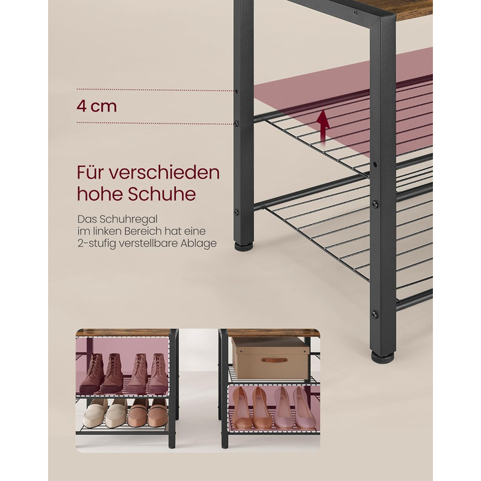 Стійка для одягу VASAGLE з полицею для взуття, 5 полиць, 9 тричі-гачків, 6 бічних гачків, 40 x 120 x 190 см, вінтажний коричневий + чорний, HSR426B01