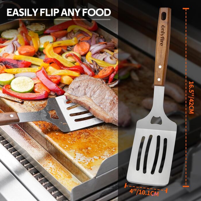 Набір гриль-посуду Onlyfire 4 шт. з нержавіючої сталі та акації (щипці, лопатка, виделка, щітка)