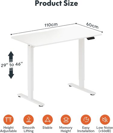 Електричний стіл 110 х 60 см зі стільницею (з гачком/тримачем для пляшок), стоячий стіл, регульований по висоті стіл зі стільницею, функція пам'яті, для домашнього офісу (Білий) 110x60см Білий