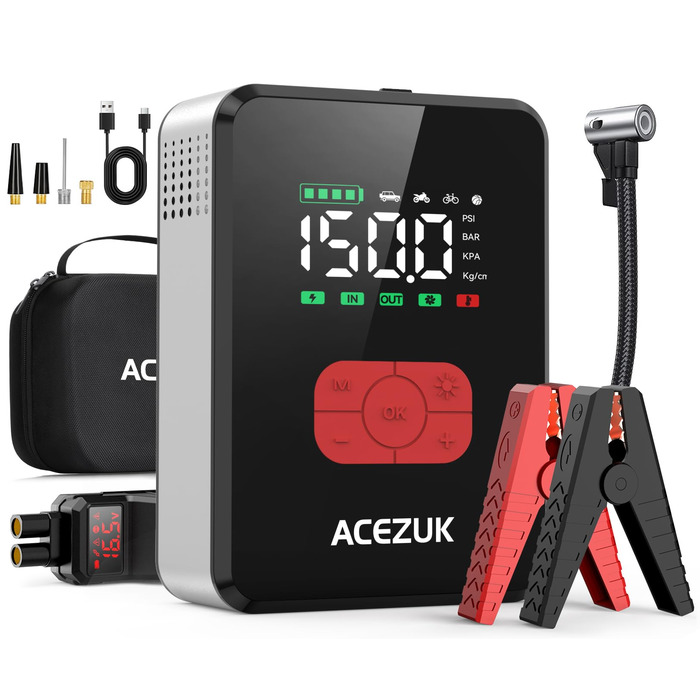 Портативний пусковий пристрій 7000A з компресором 150PSI для автомобілів, 12V, LED-ліхтарик