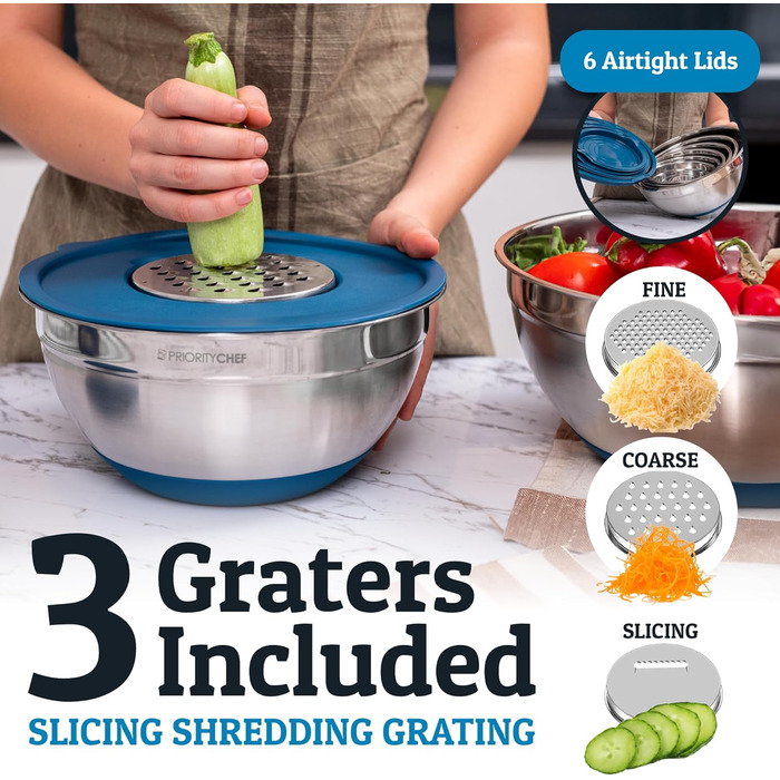 Набір місок для перемішування Priority Chef (6 шт.) з кришками, нержавіюча сталь, з антиковзними днами, 3 тертки, блакитний