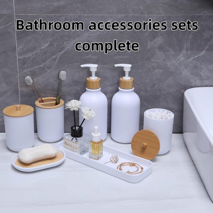 Набір аксесуарів для ванної кімнати, 9 шт. з бамбука: сміттєвий бак, дозатор мила, тримач для зубних щіток, щітка для унітазу, контейнер для ватних паличок, мильниця (білий мат)