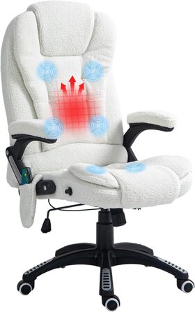 Крісло офісне Vinsetto з масажем, підігрівом, регулюванням нахилу та функцією розслаблення. Комп'ютерне крісло для офісу, кремово-біле, з кишенею з льону, оббивка з тедді-замші (100% поліестер).