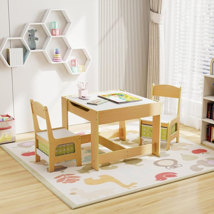 Дитячий меблевий набір GOPLUS 3 в 1: стіл та 2 стільці для дітей, дерев'яний, з місцем для зберігання, ідеально для дому, зелений