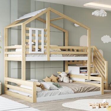 Двоярусне ліжко 90x200 та 140x200 см, дитяче ліжко-горище з місцем для зберігання, сходами та дахом, ліжко-будиночок з вікном, з ламелями та захистом від падіння, без матраца, натуральне дерево