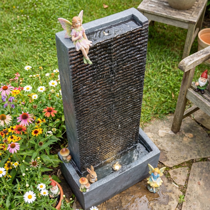 Двох'ярусний фонтан для саду з LED-підсвічуванням та насосом, з імітацією граніту, розміром 37,5 x 22 x 80 см