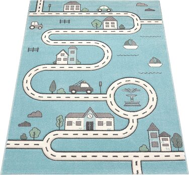 Дитячий килим Paco Home, Сучасний килим для дитячої кімнати, вуличний дизайн автомобільного будинку синього кольору, розмір 200x290 см, 200x290 см, синій