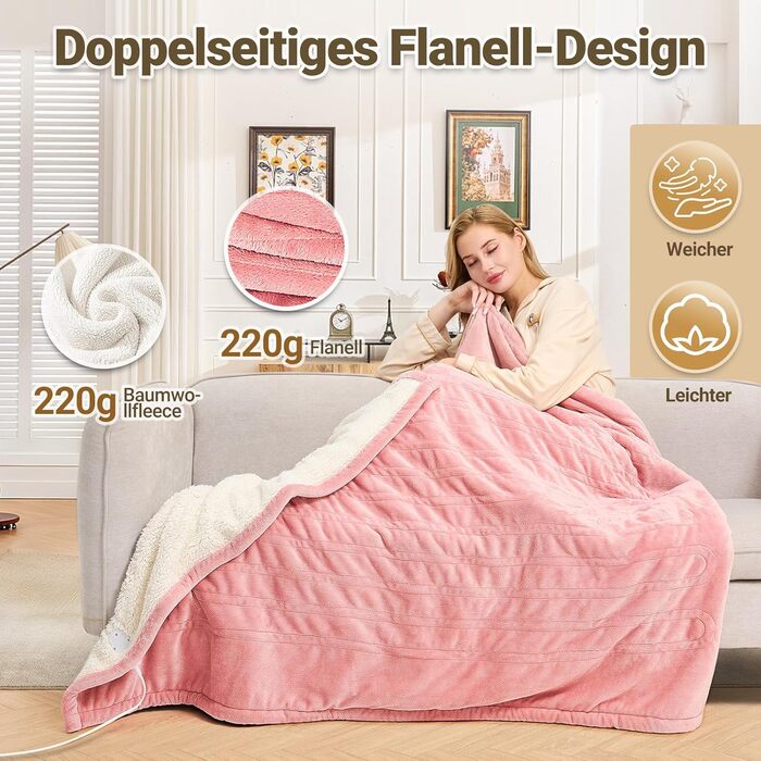 Електрична ковдра з автовимкненням 130x180 см, 8 рівнів нагріву, таймер 12 годин, пральна машина, флісова ковдра для ліжка, дивана, офісу, рожева