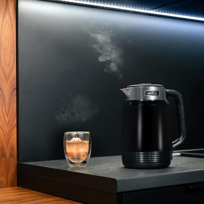 Електричний чайник LEHMANN з нержавіючої сталі 2L, 2200W, швидкий нагрів, подвійні стінки, автовимкнення та захист від перегріву, BPA-free, для великих сімей та офісів, чорний