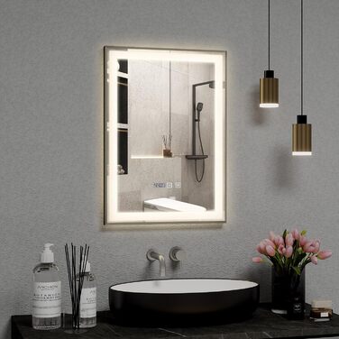 Дзеркало для ванної кімнати YOURLITE з підсвічуванням, 85x55 см, LED, сенсорне керування, 3 кольори світла, регулювання яскравості, антизапар, горизонтальне/вертикальне, IP44, білий (Silver-5070)