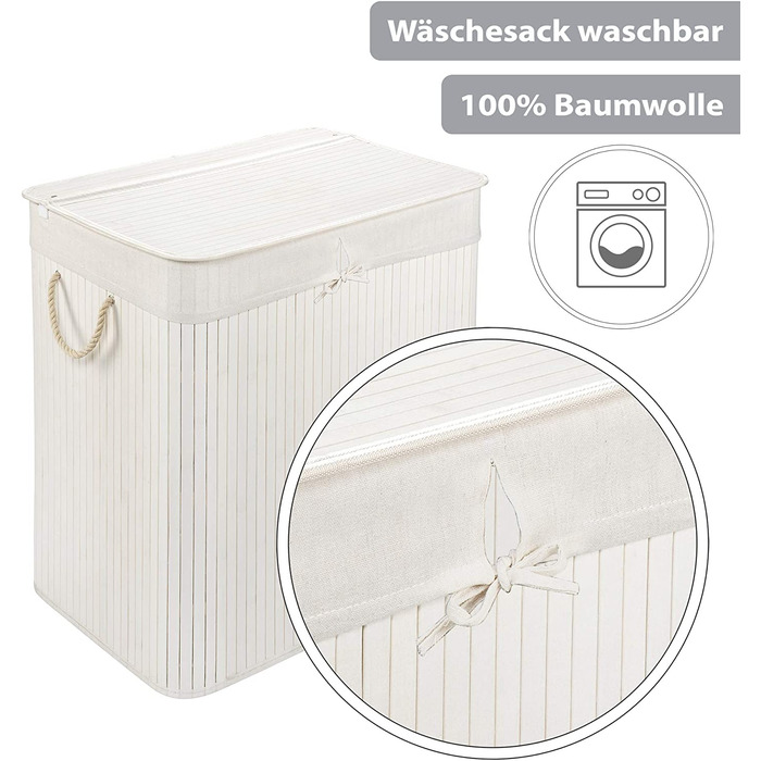 Бамбуковий кошик для білизни PANA ECO з кришкою * Дерев'яна сумка для білизни * складаний колектор для білизни * шафа для білизни у ванній * 100 бамбук колір * розмір (72 л (40 х 30 х 60 см), білий)