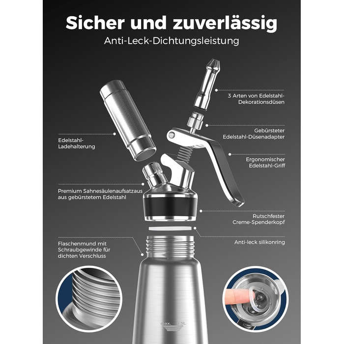 Пристрій для збивання вершків, 500 мл, з набором насадок та щіткою (нержавіюча сталь)