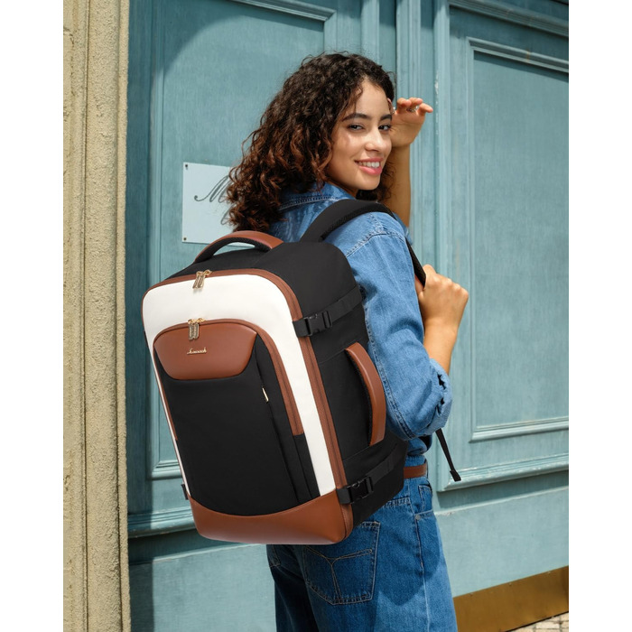 LOVEVOOK Рюкзак для ручної поклажі, 40L, для подорожей, з відділенням для ноутбука, водонепроникний, чорно-бежево-коричневий