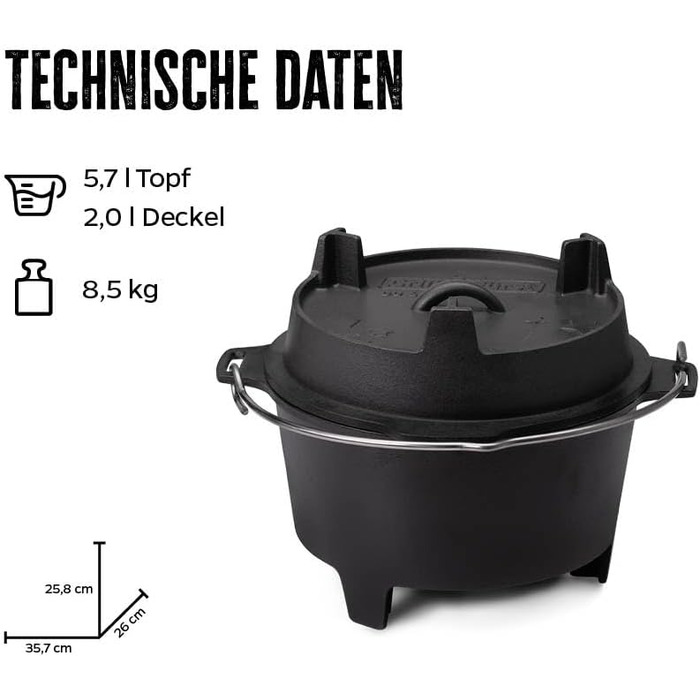 Набір Dutch Oven Grillfürst DO 9 (9 літрів) + 2 шт. Dutch Oven Fibel XXL (6 літрів) - з кришкою 35 см, адаптером, очищувачем та пастою для догляду