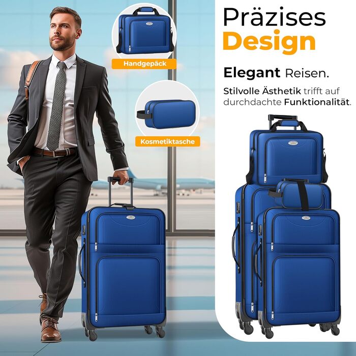 Набір валіз KESSER® 4 шт. | Чотири валізи з тканини з TSA-замком, 360° колесами та телескопічною ручкою | Косметичка, ручна валіза та великі валізи для подорожей та бізнесу (Блакитний)