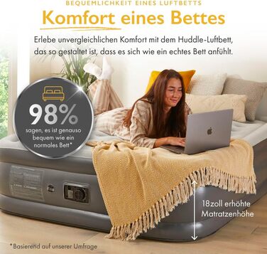 Надувне ліжко Huddle Lite з вбудованим насосом – комфортна матрац для кемпінгу, гостей та запасних кімнат (одинарне, двоспальне, king size)