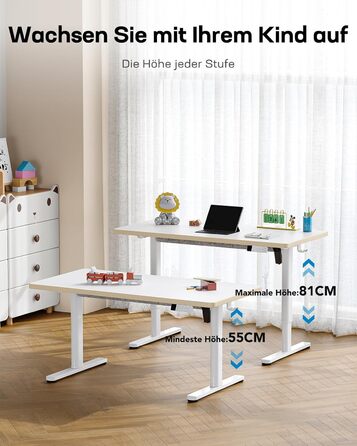 Електричний дитячий стіл HUANUO, 120 x 60 см, регулювання висоти, 3 рівня, білий